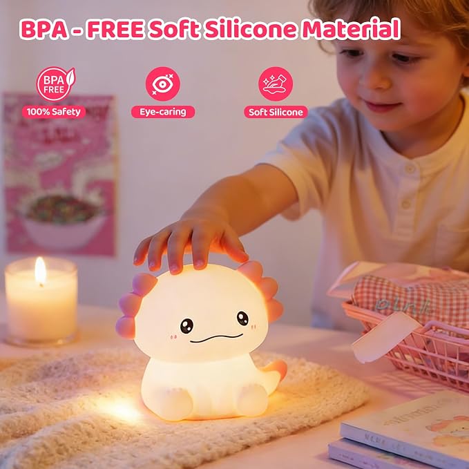 Axolotl LED Night Light, Silicone Touch Lamp for Bedroom with 7 Colors Timer and Dimmable 3-Level Squishy Warm Cute Night Lights, Rechargeable Animal Lamp for Bedroom Decor Birthday Gift