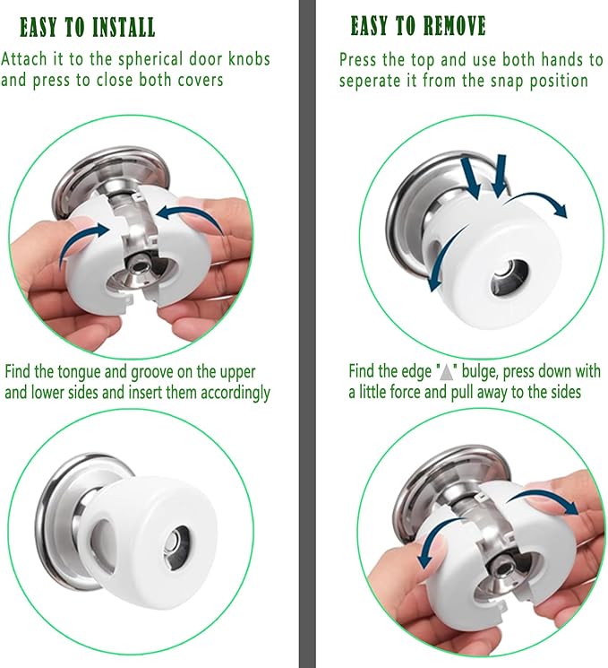 Child Proof Door Knob Safety Covers - 4 Pack, Easy Install Baby Door Knob Covers for Kids, Durable White PP Material, Fits Most Spherical Door Knobs, Child Safety Products