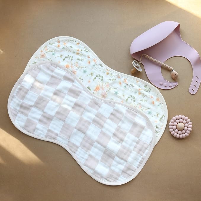 LifeTree Muslin Baby Burp Cloths - Soft 2 Pack Viscose Bamboo Cotton Large 22'' by 10.6'' Absorbent Milk Spit Up Rags - Burping Cloths for Newborn, Girls Boy (Floral & Checkerboard)
