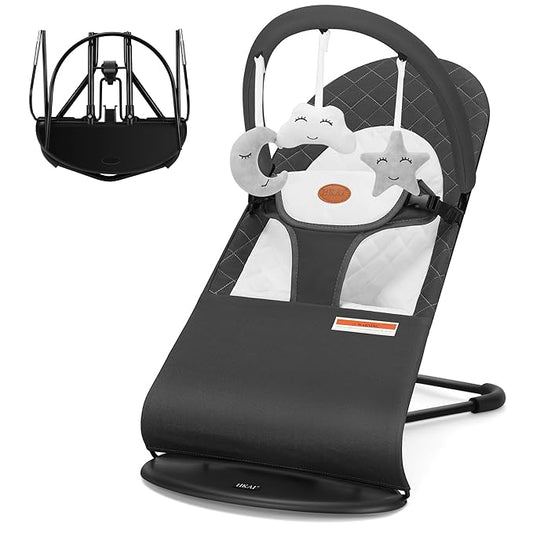 HKAI Baby Bouncer, Portable Baby Bouncer Seat for Babies 0-18 Months, 100% Cotton Fabrics, 3 Modes of use with Rocker and Stationary Options, Infant Rocker Chair with Hanging Toys-Dark Grey
