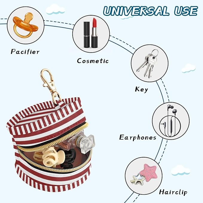 Wine Red Stripes Pacifier Holder Case Newborn Pacifier Storage Pouch for Boys Girls Easy Attach to Diaper Bag Portable Baby Essentials Container