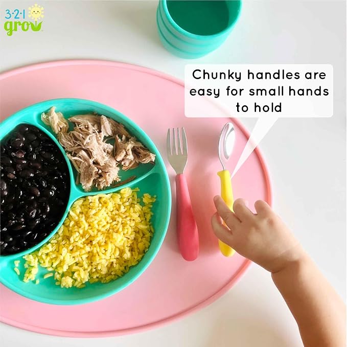 Eat with Me Spoon and Fork Set – Toddler Utensils with Easy-Grip Silicone Handles – Kid-Sized & Safe Stainless Silverware – Promotes Independent Eating – Dishwasher Safe (Midnight)