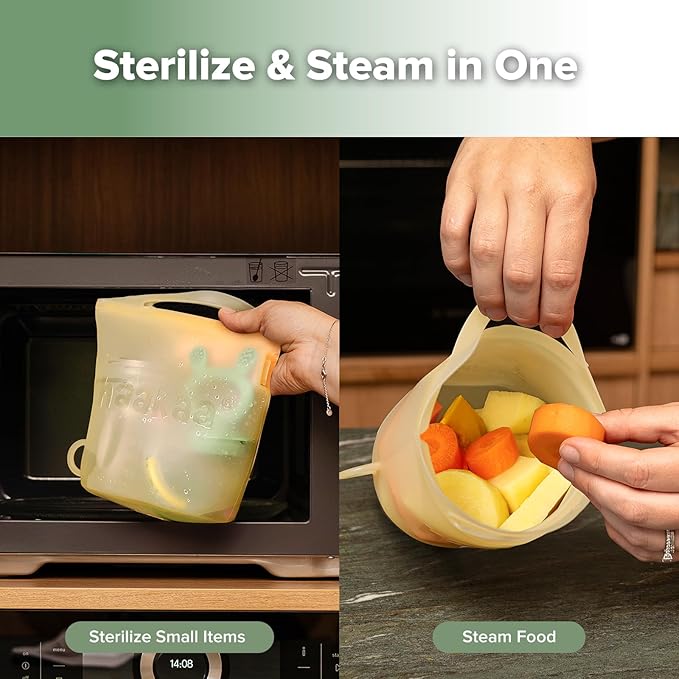 Haakaa Silicone Travel Microwave Steamer & Steriliser Bag, 30oz/900mlReusable Silicone Steaming Bags for Baby Small Items, Pacifiers, Teethers or Baby Cups, Great for Home and On-The-Go,Pineapple/1PC