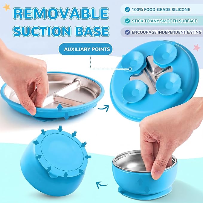 Havawish 4 Pcs Stainless Steel Baby Plate and Bowl with Suction, 8.3" Kid Divided Plate 4" Toddler Bowl with Removable Silicone, BPA-free Non-slip Baby Feed Set Dishwasher Safe for Boy Girl (Teal)
