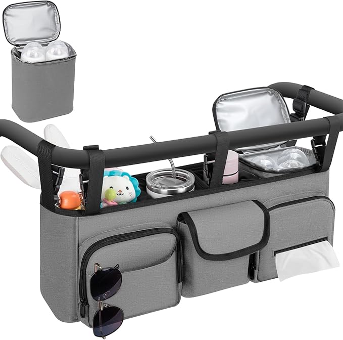 GDNasist Double Stroller Organizer Compatible with Bob Duallie and Baby Jogger City Mini GT2, Double Baby Stroller Accessories with Cooler Bag, Parent Console Double Jogging Stroller Caddy, Grey