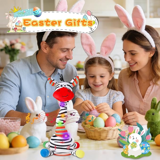 Dancing Talking Zebra Toy, Stuffed Animal Baby Toy Repeating What You Say, Easter Toys for Kids Glowing Musical Electronic Zebra with Striped Plush Gifts for Toddlers 1-3 Years Old