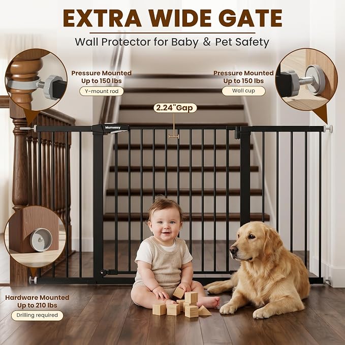 Mumeasy Extra Wide Baby Gate for Doorways, 36-63" Walk Thru Dog Gate with Auto Close Dual Swing for Stairs & Hallways, Easy Install Pressure Mounted Child Safety Gate for Toddlers & Pets Indoor, Black