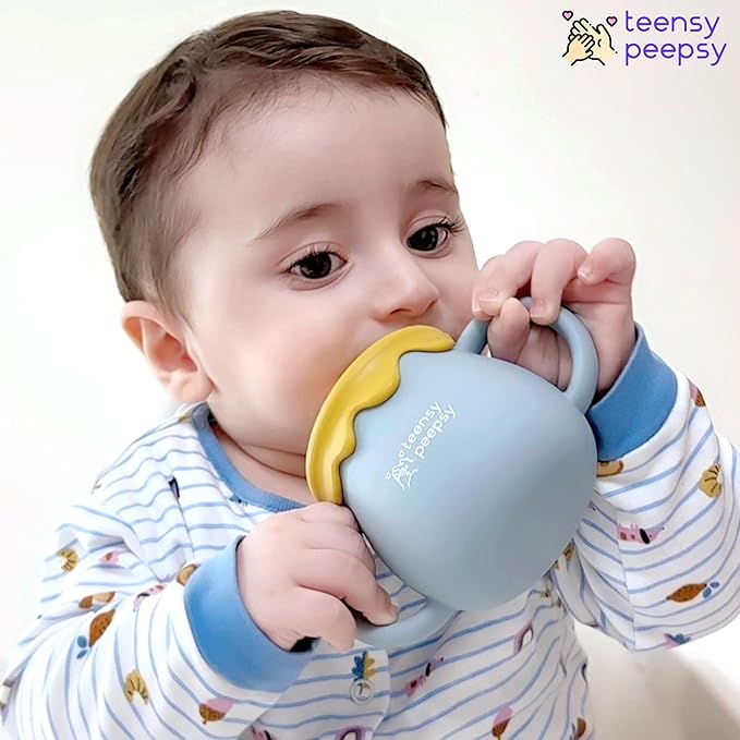 Honey Jar Pot 3-in-1 Silicone Training Cup 8.5oz, Baby Sippy Cup with Straw & Snack Lid for 6 months+ Straw Cup for Baby Boy Gift, Toddler Smoothie Drinkware (Honey Jar Blue)
