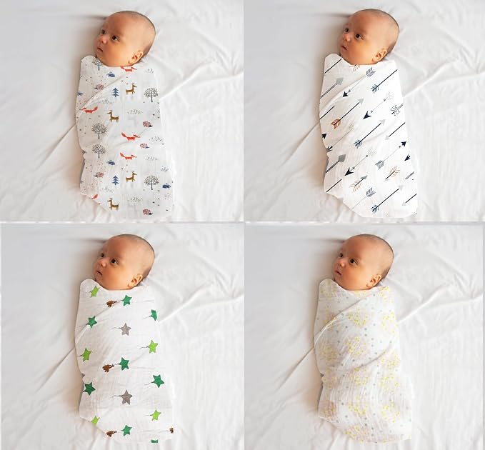100% Muslin Swaddle Blankets,Baby Swaddling Blankets for New Born, Baby Receiving Blankets Unisex, Soft, Warm and Cosy Blankets Pack of 4, Size 47 x 47 inches,Gift for New Mom Twinkle