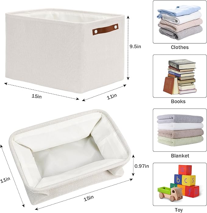 HNZIGE Large Fabric Storage Basket Organizers (3 PCS), Foldable Decorative Shelf Baskets with Leather Handles (Cream, 15" x 11" x 9.5")