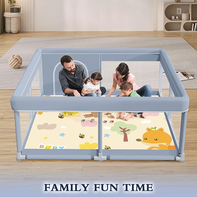 XVISHX 50 x 50 Inch Baby Playpen with Mat, Playpen for Babies and Toddlers, Baby Playard for Indoor & Outdoor Active Center Game Fence, with Skin-Friendly Fabric and Soft Breathable Mesh, Grey
