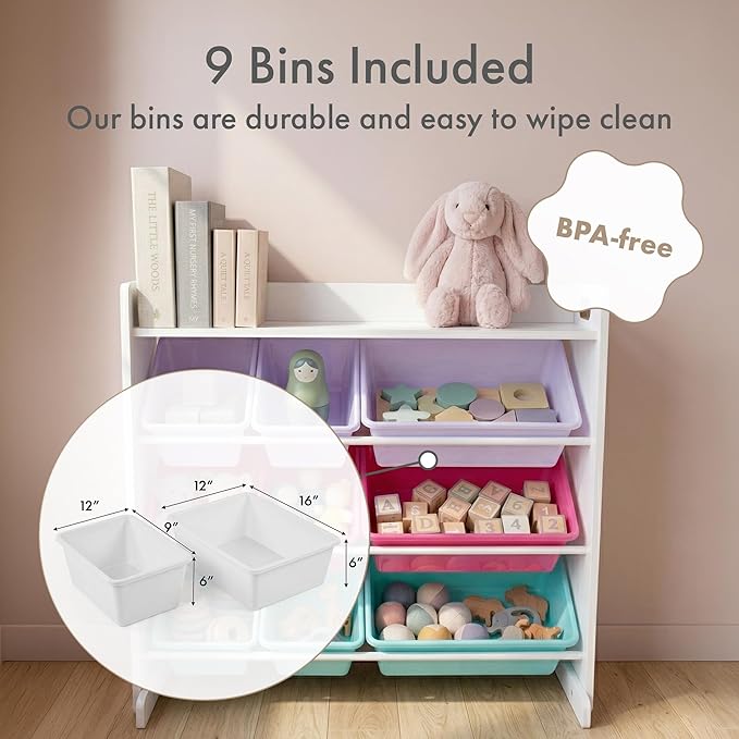 Humble Crew Toy Storage Organizer with 9 Removable Storage Bins for Kids Playroom, 3-Tier with Top Shelf Toddler Toy Organization, White/Pink/Purple/Aqua