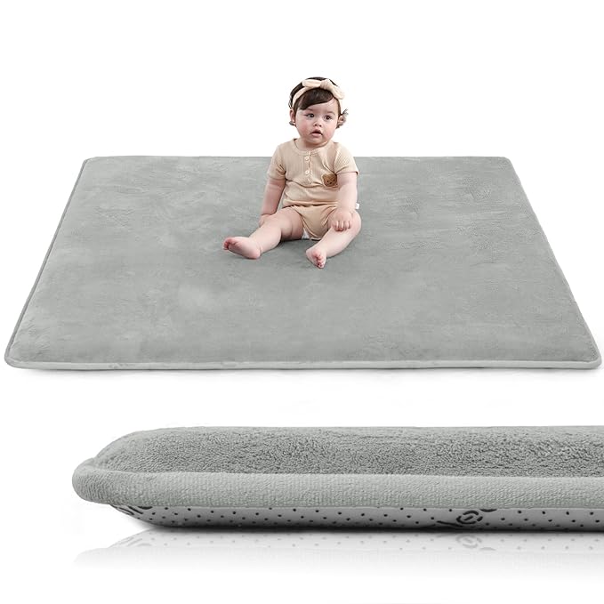 Baby Play Mat for Floor,1.3" Thick Elasti-Foam 50"×50" Playpen Mat for Tummy Time,Water Repellent Soft Coral Velvet for Toddler,Infant,Kids,Non-Slip Backing Safe for Crawling(Light Gray)