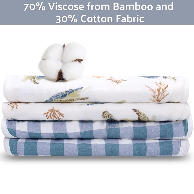 LifeTree Muslin Baby Burp Cloths - 2 Pack 70% Viscose from Bamboo and 30% Cotton Large 22'' by 10.6'' Absorbent Milk Spit Up Rags - Burping Cloths for Newborn, Girls Boys, Sea Turtle & Blue Checkered