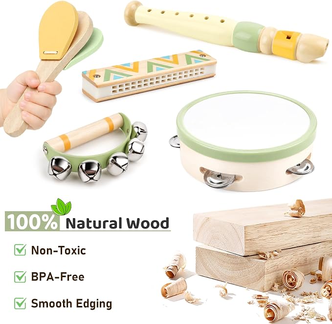 Kids Guitar Set - 8 in 1 Toddler Musical Instruments, Montessori Wooden Baby Ukulele Xylophone Tambourine Maracas Flute, Toy Guitar for Toddler 1-3, Mini Guitar Set Birthday Gift Boys Girls (Neutral)