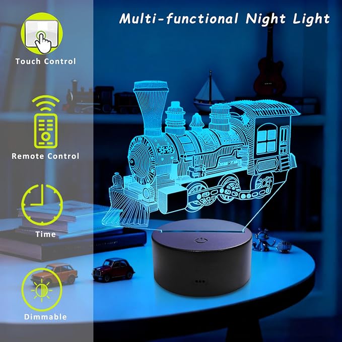 Kids Steam Train Gifts Night Light, Multi Colors Change Dimmable Remote Timer Control Night Lamp for Kids Boys Teens, Bedroom Table Train Theme Decor, Smart Touch 3D Illusion Night Light