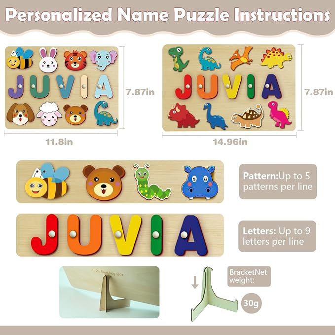 Custom Name Puzzles for Toddlers 1-3 - Name Puzzle for Kids, Personalized Wooden Animal Puzzle, Baby Gifts, Baby Shower, Christmas, Newbaby Gift, Gifts for 1 2 3 Years Old (Dinosaur-01)