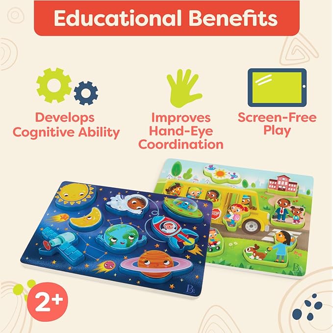 B. toys – Peek & Explore 2 – Pack – Outer Space & School Bus – Chunky Puzzle Pack – Puzzles for Toddlers, Kids – 8 Pieces Each – 2+ Years