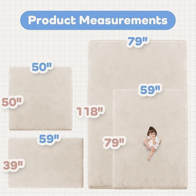 1.5" Super Thick Baby Play Mat for Floor, 79x118 Pro Soft Flannel Foam Mats for Toddler Infant Kids Crawling for Nursery Rug Playroom Living Room Waterproof Easy Care Non-Slip (Beige)