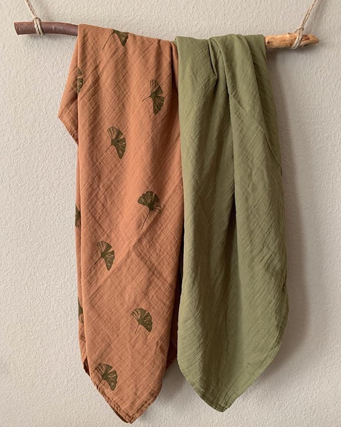 Leyl&Ari Muslin Baby Swaddle Blanket 100% Organic Cotton Recieving Wrap (Ginkgo/Olive Green Set)