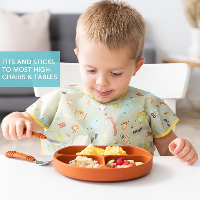 Bumkins Toddler and Baby Suction Plate, Divided Grip Dish for Babies and Kids, Baby Led Weaning, Feeding Supplies, Sticks to Tables and Highchairs, Platinum Silicone, for Children 6 Months, Clay