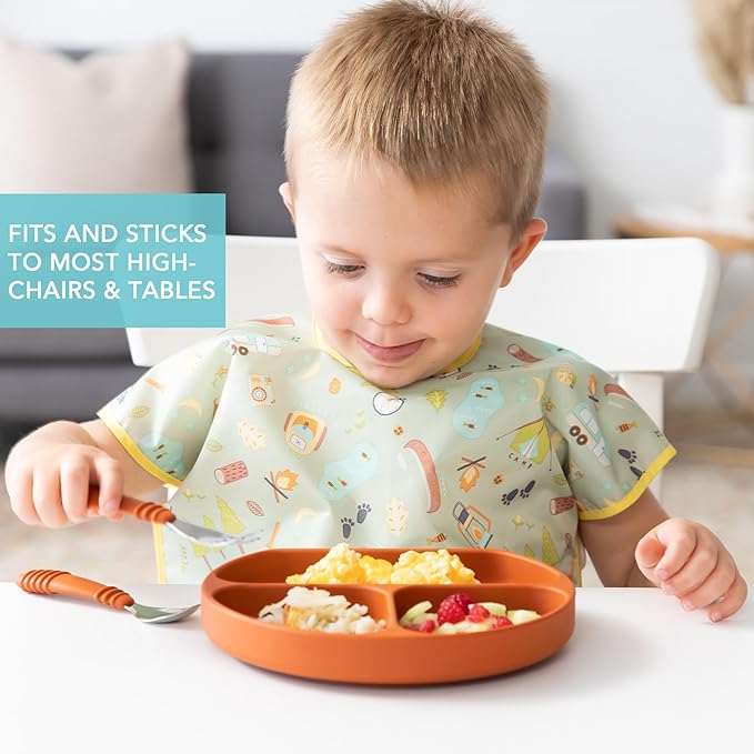 Bumkins Toddler and Baby Suction Plate, Divided Grip Dish for Babies and Kids, Baby Led Weaning, Feeding Supplies, Sticks to Tables and Highchairs, Platinum Silicone, for Children 6 Months, Clay