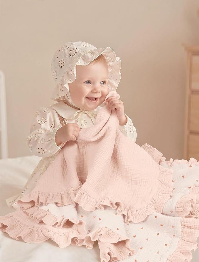 lulumoon Muslin Ruffle Baby Blanket - Soft Breathable 100% Cotton Newborn Wrap for Stroller Travel & Car Seat - Ideal for Photography & Nursery Decoration 40"x36"(Pink Heart)