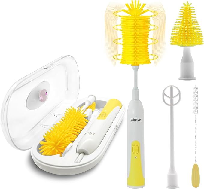 Electric Bottle Brush Cleaner New Upgrade, Portable Electric Baby Bottle Brush Cleaner for Travel, Travel Bottle Cleaner Kit with Nipple & Straw Brush, Perfect Mom Essentials After Birth Gift, Yellow