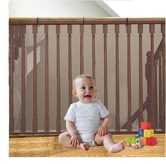 Banister Guard for Baby and Pets, 15ft x 3ft Safety Stairs Rail Net, Balcony Netting Provides Safe Environment for Child, Small Pet, Toy - Brown