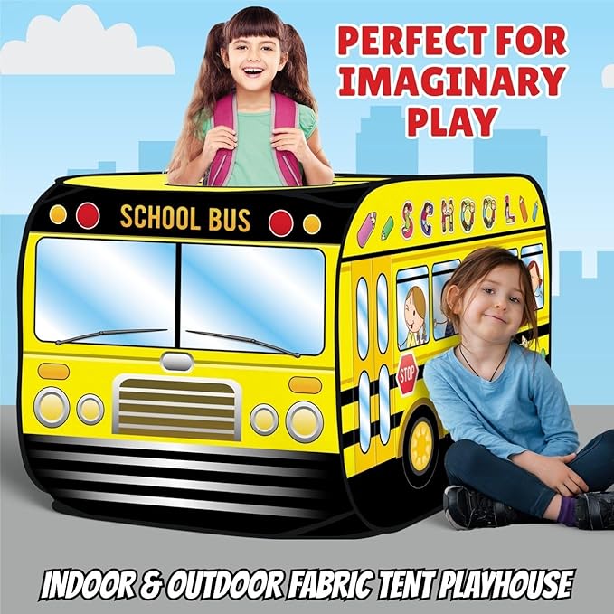 Pop Up Play Tent for Kids - My First Foldable Indoor & Outdoor Playhouse Vehicle Toys for Toddlers, Boys and Girls (School Bus)