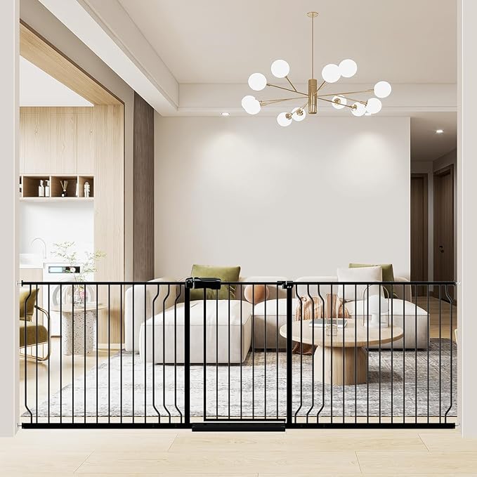 WAOWAO Baby Gate 85.83-95.24" Extra Wide Pressure Mounted Walk Through Swing Auto Close Safety Black Metal Toddler Kids Child Dog Pet Puppy for Stairs,Doorways,Kitchen