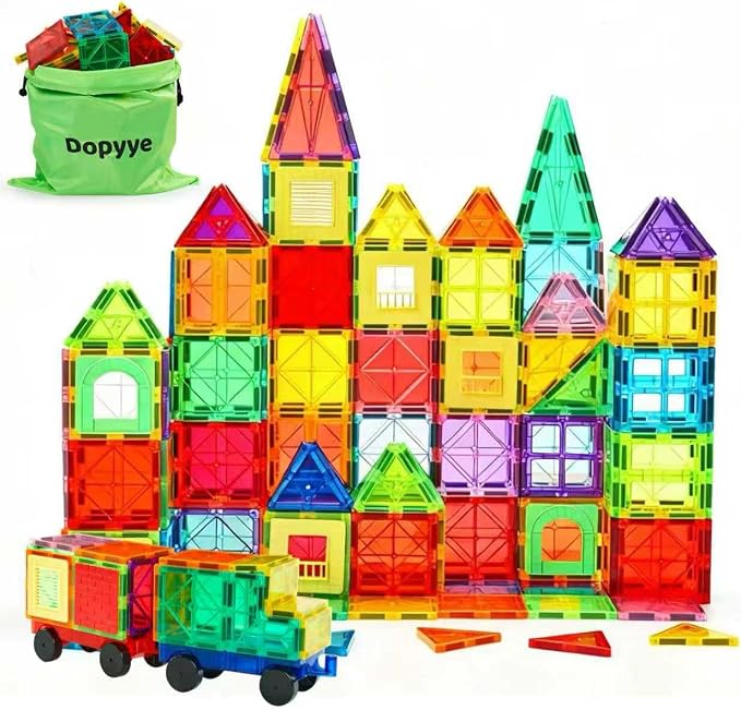 Dopyye Magnetic Building Tiles for Kids, 100 PCS Magnetic Blocks with Storage Bag, Magnet Tiles STEM Educational Stacking Toys Gift for Toddler Ages 3 4 5 6 7 8 9