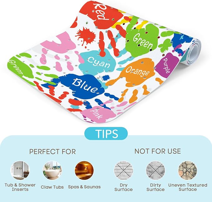 SHUCHING Handprints Baby Bath Mat for Tub Non Slip-40 X 16Inch, Kids Bathtub Mat Anti Slip, Toddler Long Shower Mat for Bathroom Mold Free, Machine Washable