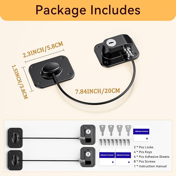 2 Pack Refrigerator Lock for Kids, Toddlers and Adults, Child Proof Fridge Door Lock with Keys for Kitchen Freezer, Air Oven Air Fryer, Cabinets and Drawers, Windows, Doors (with 4 Keys)