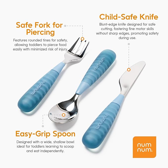 NumNum Toddler Utensils Set, 4th Stage Kids Silverware for 2+ Years, Pre-Spoon, Fork, Spoon & Knife GOOtensils with Stainless Steel Heads, BPA-Free Silicone Toddler Feeding Essentials, 3-Pack Green