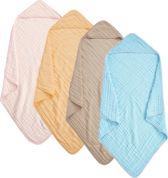 Muslin Hooded Baby Towels 4Pack - 32x32 Inches, Premium 6-Layer 100% Cotton Extra Soft Absorbent Bath Towels for Infant, Newborn Gift Set (4 Pure Colors)