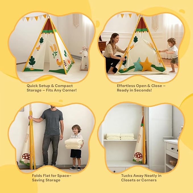 Teepee Tent for Kids, Play Tent with Padded Mat & Star Lights, Indoor Play Tent for Girls & Boys, Pastoral Chicken