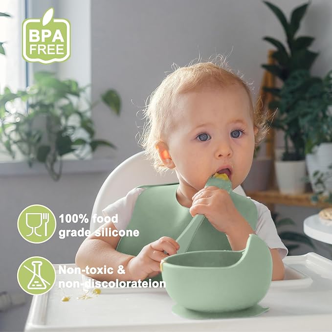 Silicone Baby Feeding Set | Baby Led Weaning Supplies Includes Suction Bowls and Divided Plates, Adjustable Bib, Baby Utensils Spoons and Forks,Cup | Baby Feeding Essentials (Light Green)