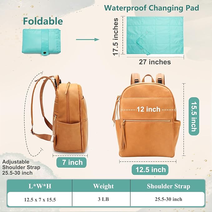 MOMINSIDE Diaper Bag Backpack Leather Diaper Bag with 6 Insulated Pockets, Baby Bag for Mom Dad, Baby Registry, Changing Pad, Stroller Straps,Diaper Backpack Diaper Bag Leather(Biscuit)
