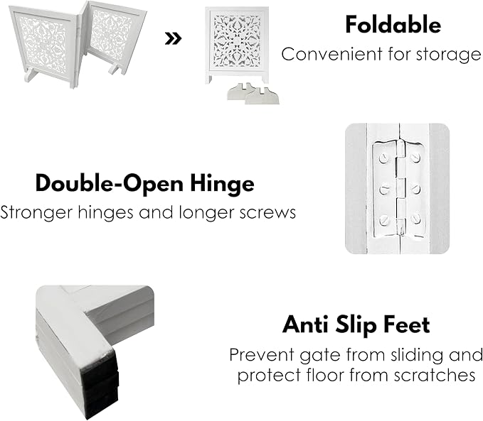 Free Standing Dog Gate for Doorway, Hallway, or Stairs – 60x24 Inch 3 Panel Folding Wooden Pet Gate, Decorative Lucy Design Dog Fence, White Antique Finish