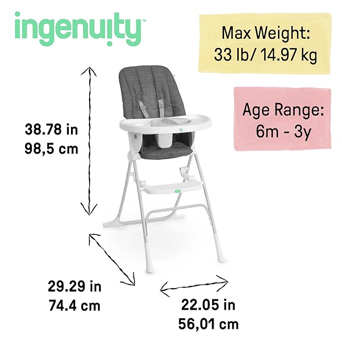 Ingenuity: ity by Ingenuity Sun Valley Compact Folding High Chair, Food-Grade Safe Plate, Safety Harness, for Ages 6 Months and Up, Unisex - Grey