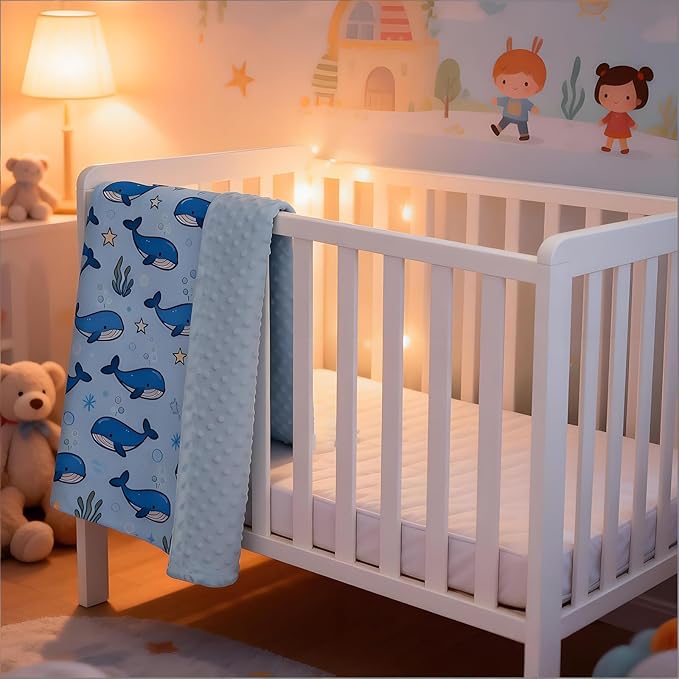 Whale Baby Blanket for Boys Girls, Ocean Soft Double Layer Minky Receiving Blankets with Dotted Backing for Newborn Toddler Nursery Crib Stroller Car Seat 29.5'' x 39.3''