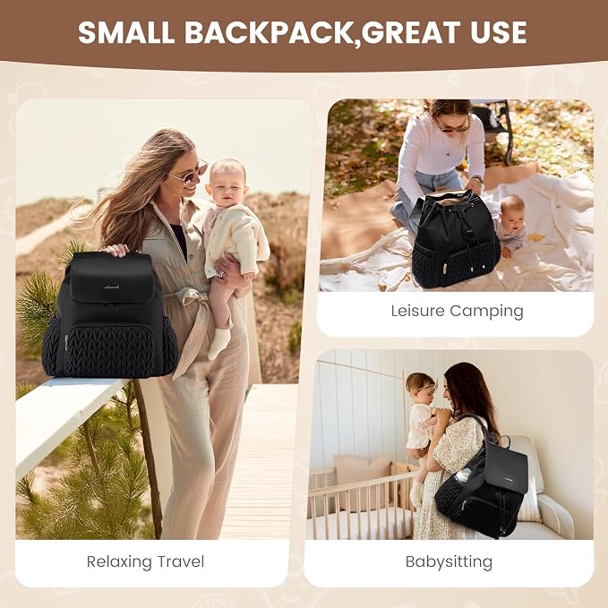 LOVEVOOK Diaper Bag Backpack, Small Cute Baby Bag, Stylish Water-Resistant Travel Bag for Mom, Baby Backpack with Changing Pad, Stroller Straps - Black