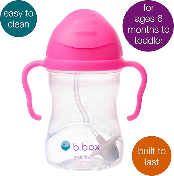 b.box Sippy Cup with Weighted Straw. Drink from any Angle, Leak Proof, Spill Proof, Easy Grip. BPA Free, Dishwasher Safe. For Babies 6m+ to Toddlers (Pink Pomegranate, 8oz)