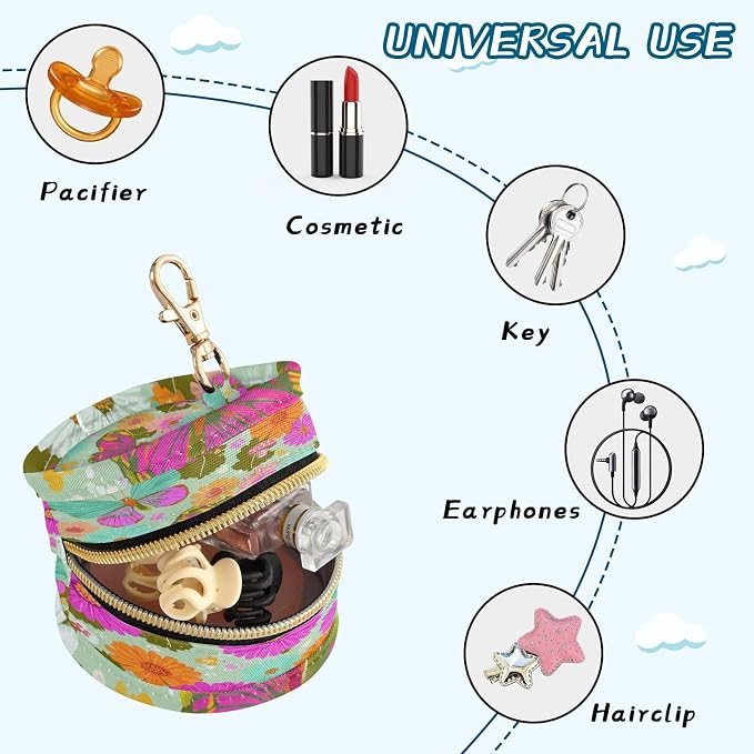 Pacifier Holder with Clip Pacifier Case for Diaper Bag Round Baby Pacifier Pouch Box Bag Portable Green Daisies Butterfly Colorfulpetals