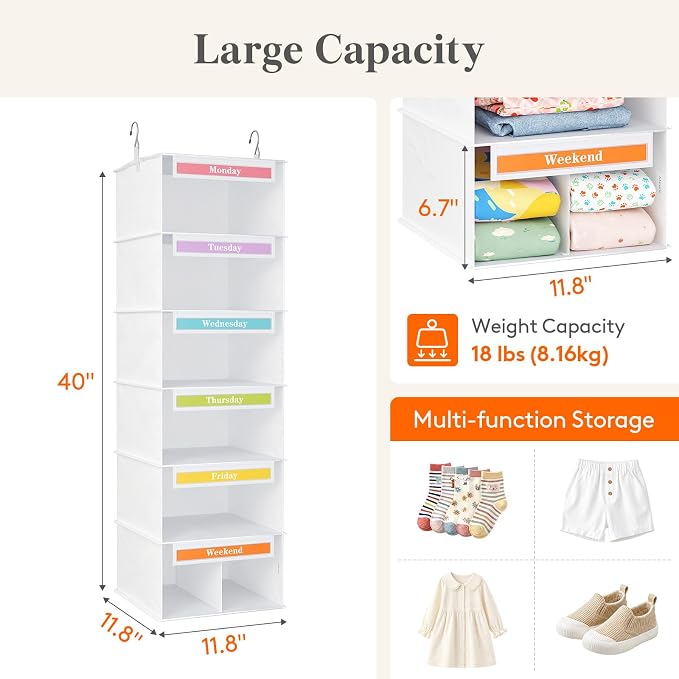 Lifewit 6 Shelf Weekly Clothes 0rganizer for Kids 2 Pack, Baby Hanging Closet Storage with Color Labels for School Outfits, Todder Clothing Divider with Days of The Week Monday to Frida Weekend White