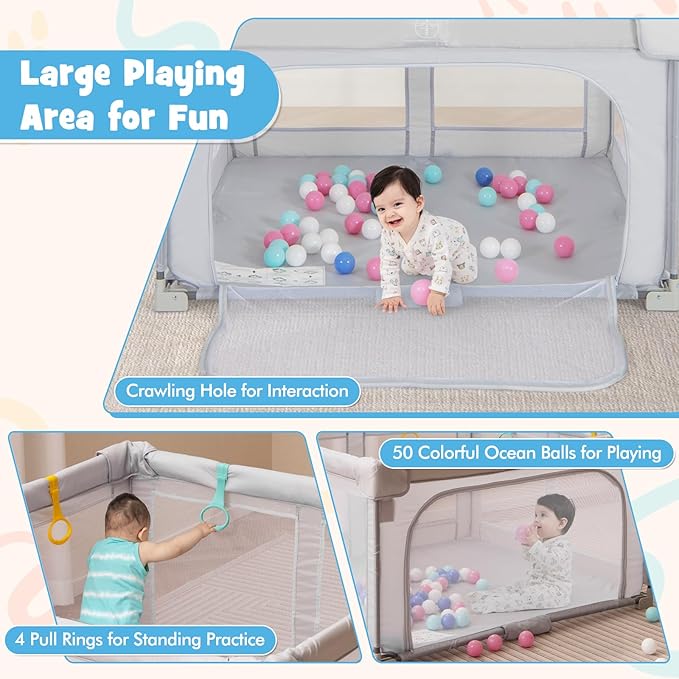 Costzon Foldable Playpen for Babies, 50''x50'' Portable Baby Play Pen with 50 PCS Ocean Balls, 4 Handles, Carry Bag, Visible Mesh, Kids Activity Center with Gates, Indoor & Outdoor Gate Play Pen
