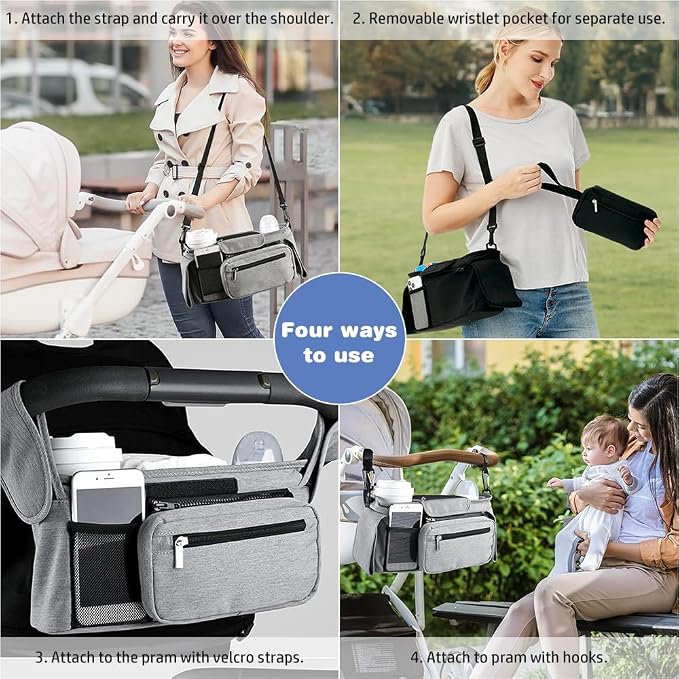 Baby Stroller Organizer, Universal Stroller Organizer with Detachable Phone Bag, Stroller Caddy with 2 Insulated Cup Holders, Buggy Organizer Bag with 2 Hooks Fits Most Strollers (Grey)