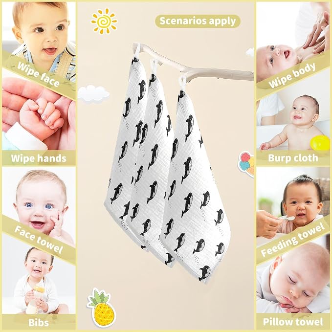 vvfelixl Baby Muslin Washcloths Little Cute Orca Baby Burp Cloths Cotton Babys Face Towel for Newborn Infants Boys Girls Soft and Absorbent 11.8 X 11.8 in, 3 Pack
