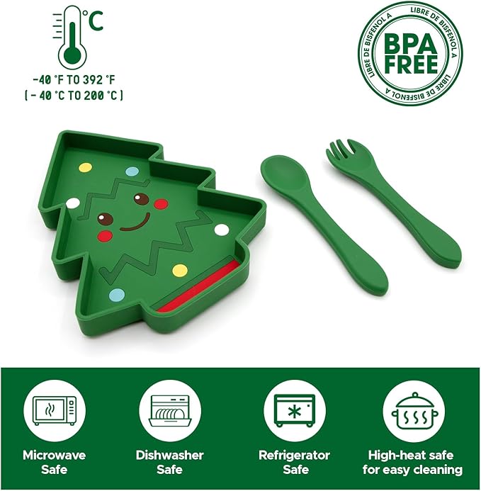 BabyX Baby Silicone Feeder Set, 3-pcs Christmas-themed Baby Plate with Suction, Spoon and Fork for Babies Toddler Kids, BPA-Free, Baby Utensils Feeding Supplies, Microwave and Dishwasher Safe